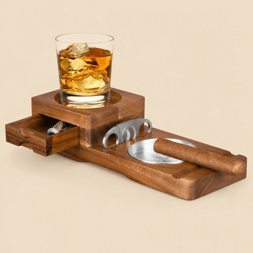 Scotte wooden cigar ashtray tray with stainless cutter and pull-out drawer, Brown finish, full packshot