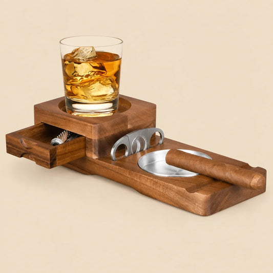 Scotte wooden cigar ashtray tray with stainless cutter and pull-out drawer, Brown finish, full packshot