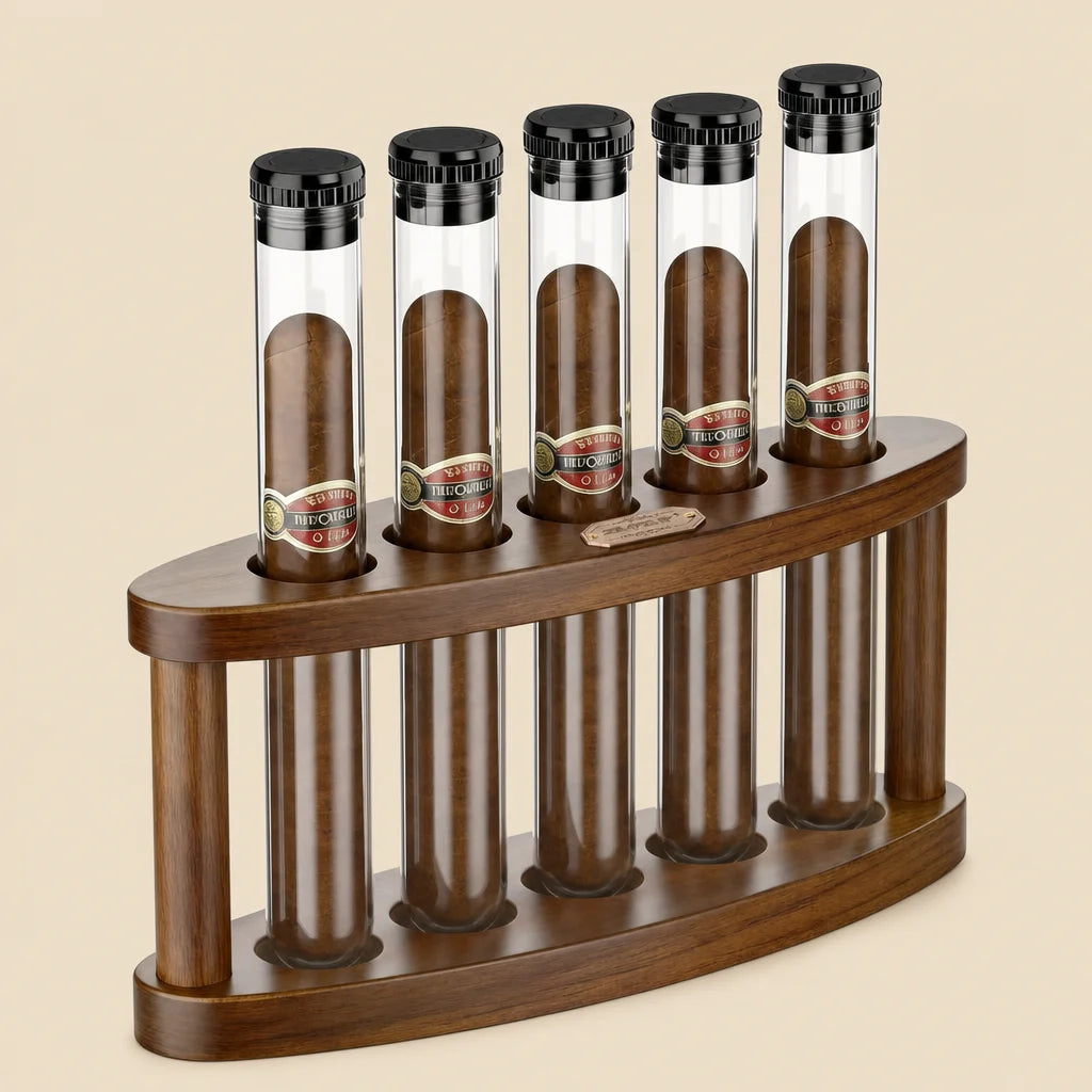 Cigar humidor gift set with acacia wood desktop stand and five shatterproof PC tubes, brown finish