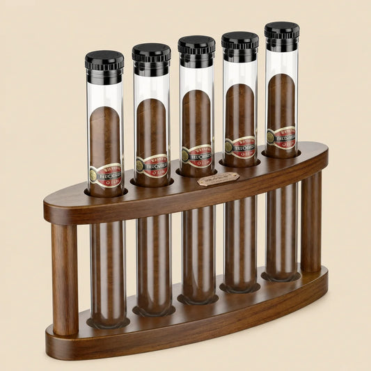 Cigar humidor gift set with acacia wood desktop stand and five shatterproof PC tubes, brown finish
