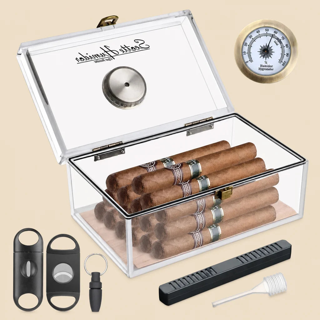 Scotte acrylic cigar humidor full kit with hygrometer, cutter and punch, white version