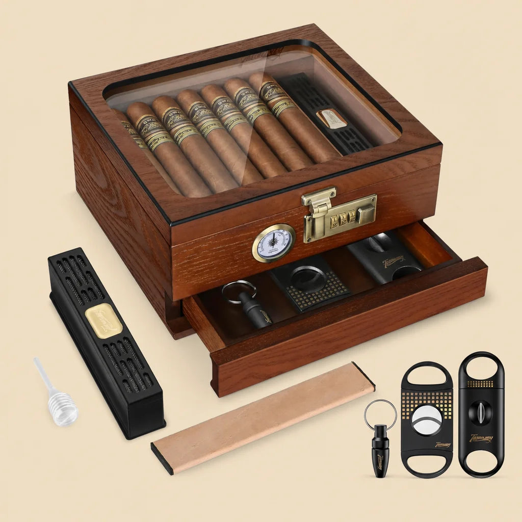 Cedar wood desktop cigar humidor with tempered glass top, front view showing hygrometer