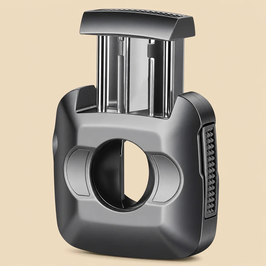 Stainless steel cigar cutter folded, gray finish, showing V-cut and guillotine