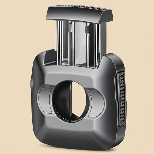 Stainless steel cigar cutter folded, gray finish, showing V-cut and guillotine