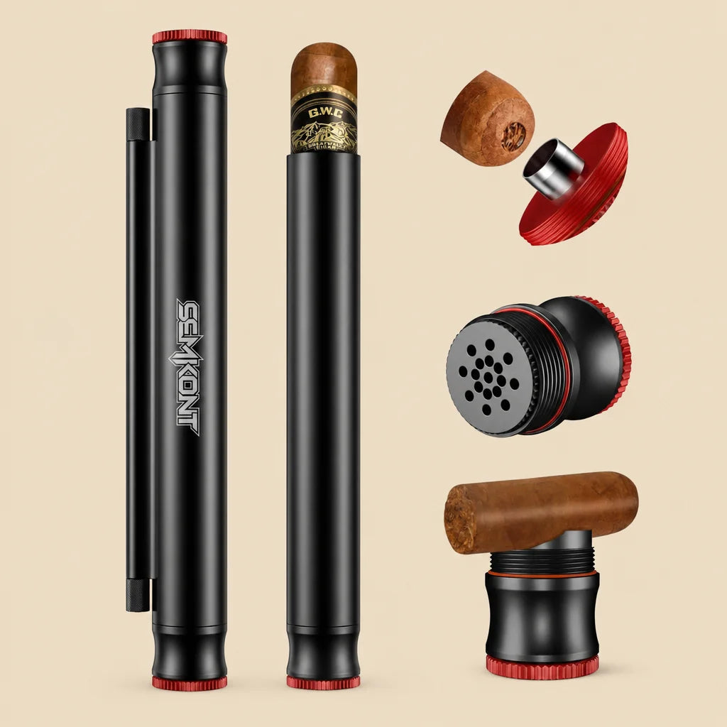 Travel cigar tube in matte black aluminum with built-in humidifier and dual punch, full packshot