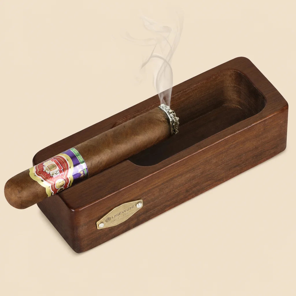 Wooden cigar ashtray octagonal solid wood brown front view
