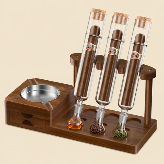 Cigar flavoring humidor kit with 3 glass tubes on solid wood stand, clear and brown finish