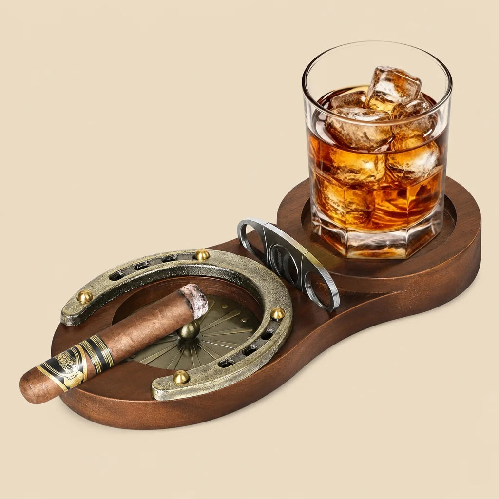 Horseshoe wooden cigar ashtray with whiskey tray and stainless steel cutter, brown finish, full packshot