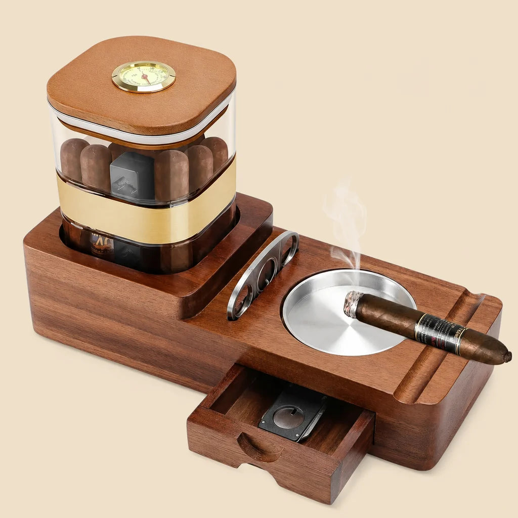Wooden cigar humidor set with acrylic jar, ashtray and cutter on solid-wood tray