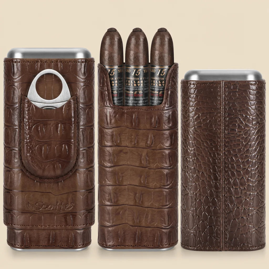 Scotte leather cigar travel case in brown crocodile-print PU with cedar lining, front view