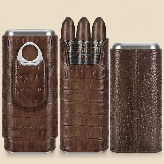 Scotte leather cigar travel case in brown crocodile-print PU with cedar lining, front view