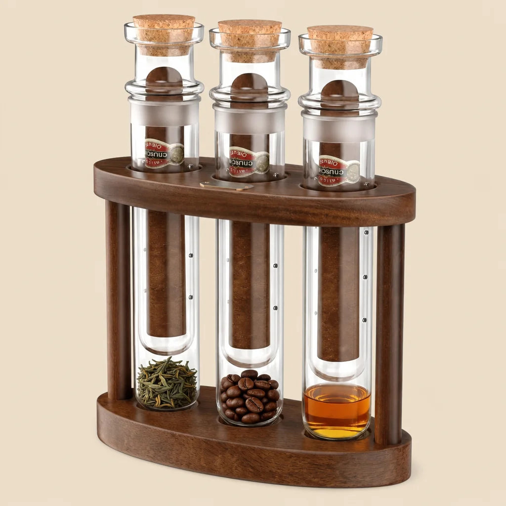 Cigar flavor infusion glass tube kit with wooden stand and cork stopper, 3-pack
