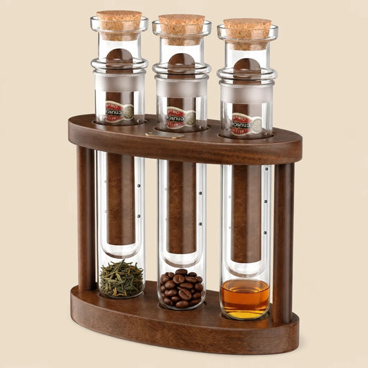 Cigar flavor infusion glass tube kit with wooden stand and cork stopper, 3-pack